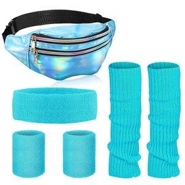 SATINIOR 80s Women Neon Leg Warmers Set Holographic Fanny Pack Knit Leg Warmers Headband Wristbands for Yoga Running Hiking (Blue, Light Blue)