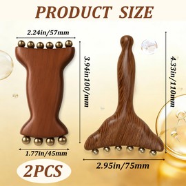 2Pcs Sandalwood Massager with Copper Beads, 2-in-1 Acupressure Roller and Rectangular Massage Tool for Lymphatic Drainage, Painless Gua Sha to Relieve Neck and Back Tension, Deep Fascia Relief