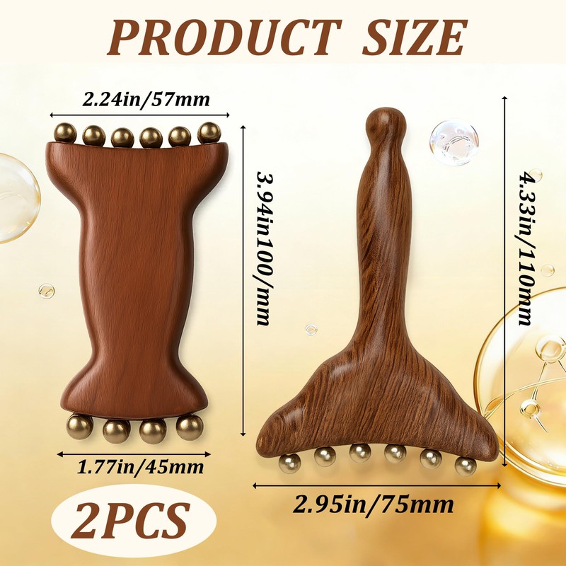 2Pcs Sandalwood Massager with Copper Beads, 2-in-1 Acupressure Roller and