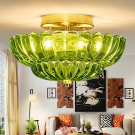 FHKLZCI Modern Mid Century Gold Semi Flush Mount Ceiling Light Fixture,3 Lights Green Glass Close to Ceiling Lighting Fixtures for Bedroom Hallway Kitchen Foyer Bathroom Closet Laundry Room 11.8 inch