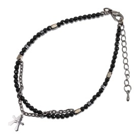 Orris Anklet, Black, Onyx, Silver, Stainless Steel, Popular, Double Cross, Crosses, Cool Misanga Men's, Stone Silver Stainless Steel