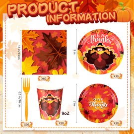 Sliner 180 Pcs Thanksgiving Plates and Napkins Sets,Thanksgiving Party Supplies Paper Plates, Cups, Napkins and Forks for Thanksgiving Theme Party Decorations, Serves 30 Guests (Turkey)