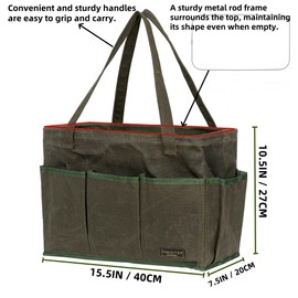 Tool Bag with Metal Frame, Waxed Canvas Wide Open Top Tool Tote Bag with 10 External Pockets, 15.5 x 7.5 x 10.5 Inches (ArmyGreen)