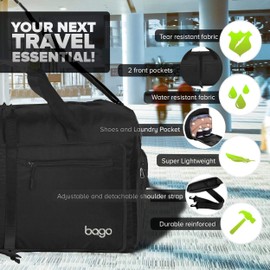 Bago Foldable Duffel Bags for Traveling Women & Men - 60L Medium Packable Duffle Bag for Travel with Shoe Compartment - Water Repellant, Heavy Duty, Lightweight Folding & Collapsible (All Black)
