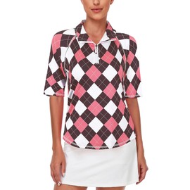 Misyula Womens Half Sleeve Golf Tops,1/4 Zip Polo Tennis Shirts Fast Dry Breathable Cooling Workout Tops Plus Size Leisure Activewear Outfits,Brown-Pink Argyle,3XL