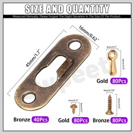 Swpeet 280Pcs 45 x 16mm Bronze Carbon Steel Single Keyhole Hangers with Screws and Picture Frame Turn Button Fasteners Assortment Kit, Keyhole Hanging Plate Picture Hanger for Frame, Key, Photo