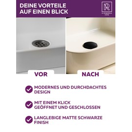 Black Sink Drain Fitting with Overflow - Pop Up Drain Valve for Washbasin & Sink - Black Drain Fitting 1 ¼ Inch - Push Open Valve M. ROSENFELD HOME
