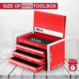 P.I.T. Mini Red Tool Box, Portable 3 Drawer Steel Stackable Tool Box with Magnetic Tab Locking, Red Micro Top Chest with Liner for Tools Storage and Organizers, Home DIY