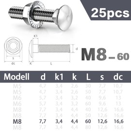 SWTYExt Pack of 25 Carriage Bolts M8 x 60 mm Carriage Bolts Flat Head Screws with Flange Nuts M8 Nut DIN 6923 Gate Hinge Screws for Industrial Machinery Construction Home Decoration