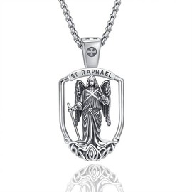 XIXLES Archangel Saint Raphael Necklace S925 Sterling Silver St Raphael Shield Pendant Necklace Healer Guardian Angel Jewelry Gift for Men Women with 20+2" Chain