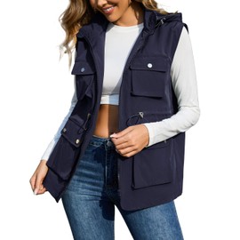 PESION Womens Packable Utility Vest Drawstring Waist Military Sleeveless Lightweight Windbreaker Jacket with Removable Hood, Navy Blue, Large