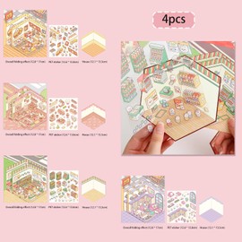4 Sets 3D Sticker Scene, 3D Stickers, Top Model Sticker Books, 3D House Sticker Set, Sticker Scene, Make Your Own Supermarket, Restaurant, Scene Sticker for Adult Kid Relief Stress Pass The Time