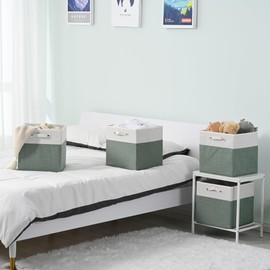 13 x 13 Inch Fine Linen Storage Bins with Handles，Fabric Cube Boxs，Collapsible Basket Organizers for Shelves for Home, Closet Drawers (White/Green-4 Pack )
