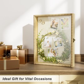 Love-KANKEI Shadow Box Frame 13x16, Deep Large Shadow Box Display Case with Unique Beads Door and Glass Window, Wood Memory Box for Pictures,Medals,Memorabilia,Collections Natural
