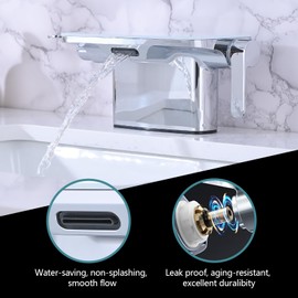 RAINREVIVE Waterfall Bathroom Faucet, 4 Inch Centerset Bathroom Sink Faucets, 2 Handle Bathroom Faucets for Sink, Modern Rv Lavatory Vanity Faucet with Pop Up Drain and Supply Hoses, Chrome