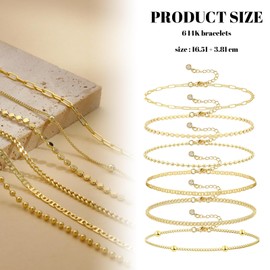 Hebterrka Women's Gold Bracelet Set of 6, 14K Gold-Filled Jewellery Bracelets with Adjustable Length, Elegant Bracelet for Women for Stacking or Wearing Alone, Brass with 14K gold filling