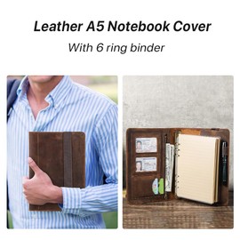Contacts Full Grain Leather A5 Binder Portfolio 6 Ring Binder with 40 Sheets of A5 Paper Professional Notebook Folder Binder Organizer for 4 Cards A5 Size Document