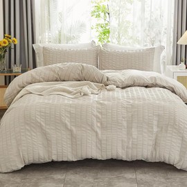 Freyamy Seersucker Bed Linen (135 x 200 cm), 2-Piece Set, Beige, Embossed Stripes, Textured Bedding Sets, Plain, Brushed Microfibre, Soft Duvet Cover with Zip and 1 Pillowcase (80 x 80 cm)