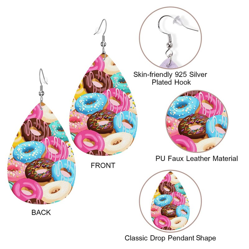 Zokola Faux Leather Earrings Glazed Donuts, Rainbow Sweet Dessert Donuts
