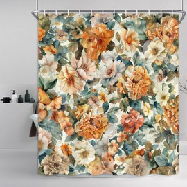 SAOLUIS - Cortina de ducha floral clásico, juego de cortinas de ducha con flores de color naranja, cortina de baño impermeable, diseño bohemio floral, para baño con ganchos, 69 x 78 pulgadas