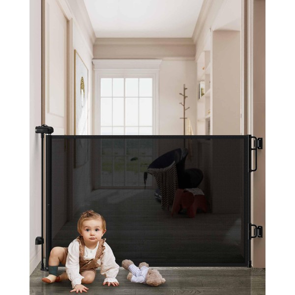Cumbor Retractable Baby Gates for Stairs, Extends up to 55" Wide Mesh Dog Gate for The House, 34" Tall Safety Child Gates for Doorways Hallways,Pet Gate Indoor & Outdoor,2 Set of Accessories, Black