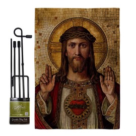 Feast of Sacred Heart of Jesus Canvas Burlap Flag Stand Kit Burlap Wall Hanging Decor Home Porch Religious Room Tapestry Faith Fathers Day Cemetery Decorations for Grave Yard Catholic Gifts