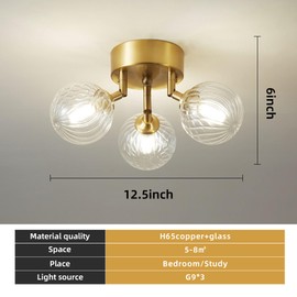Bubble Chandelier Light Fixture,12.5-inch diameter threaded clear Bubble Ball Semi Flush Mount Ceiling Light Fixture Gold,3-light Bubble Glass Chandelier for bedroom,dining room (JR1541:Gold, 12.5"D)
