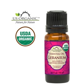 US Organic 100% Pure Geranium Essential Oil - USDA Certified Organic, Steam Distilled - W/Euro droppers (More Size Variations Available) (10 ml / .33 fl oz)