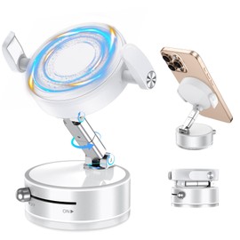 YINLAI Upgraded Vacuum Magnetic Phone Holder, 360° Adjustable Magnetic Car Phone Mount, Suction Cup Foldable Clip 2-in-1 Phone Stand (White) (White)