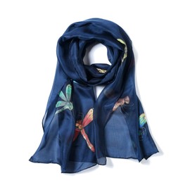 Invisible World Womens 100% Mulberry Silk Scarf Hand Painted Dragonfly Dark Blue