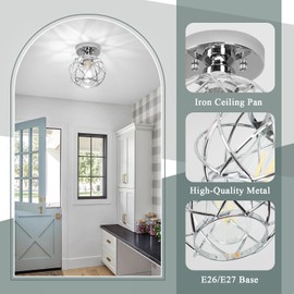 Loiogohot Hallway Ceiling Light Fixtures,Flush Mount Ceiling Lights Metal Cage Indoor Industrial Ceiling Lights E26 Semi Flush Mount Ceiling Light for Porch Entryway Foyer Bathroom(Chrome)