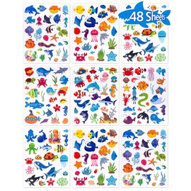 LINAYE 48 Sheets Ocean Stickers for Kids, 1040 Pcs Waterproof Under The Sea Fish Animal Stickers Ocean Under The Sea Party Favors Decorations Crafts for Kids