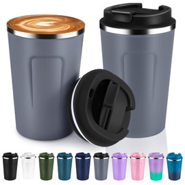 Volhoply 12 oz Double Wall Insulated Vacuum Travel Coffee Mugs with Flip Lid Bulk 2 Pack,Reusable Stainless Steel Leak Proof Coffee Cup,Portable Cafe Thermal Tumbler for Hot & Cold Drinks(Gray,2 Set)