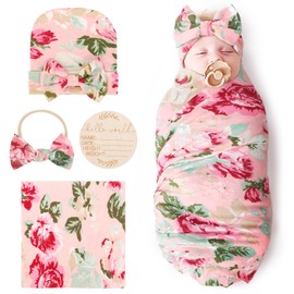 BQUBO Baby Girl Newborn Receiving Blanket with Bow Hat Headband Wooden Birth Announcement Card Set Baby Floral Print Nursery Swaddle Wrap