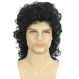 Daiaces Curly Mullet Wigs for Men 80s Black Long Curly Wigs Hippie Rocking 80s Party Cosplay Costume Anime Heat Resistant Synthetic Hair Wig 70's Wig
