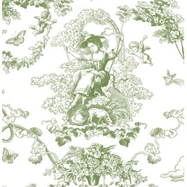 CiCiwind 197"×17.3" Toile Peel and Stick Wallpaper White and Green Self Adhesive Removable Contact Paper Vintage French Wall Paper for Bathroom Living Room Walls Decoration