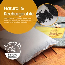 Eco Basics Closet Deodoriser – 21x16.5x7 cm. Bamboo charcoal absorbs moisture & odors, recharges in sunlight monthly. Lasts 1 year; compostable for soil enrichment. Eco-friendly freshness for closets.