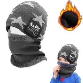 OUOQI Children's Winter Hat Beanie Hat Winter Hat with Scarf Children Winter Thick Fleece Thermal for Boys Girls Hat Scarf Child for 5-15 Years Boys Girls, gray