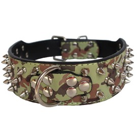 Avenpets 3 Rows Spiked Rivet Studded Metals Buckle D-Ring Adjustable Leather Bull Terrier Collar for Daily Activities