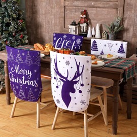FuWeave 6 Pcs Christmas Chair Covers Purple White Snowflake Chair Back Covers Xmas Chair Protector Slipcovers Washable Winter Dining Room Seat Covers for Home Hotel Kitchen Decorations