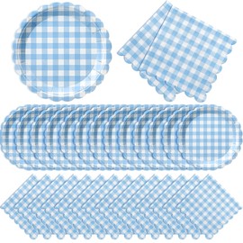 Roshtia 120 Pcs Blue Gingham Paper Plates and Napkins Set, Serves 60, 7" Small Dessert Plates for Boy Baby Shower, 13" Checkered Napkins for Nautical 1st Birthday, Picnic & Tea Party