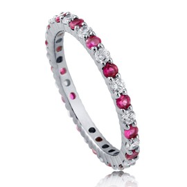 BERRICLE Sterling Silver Simulated Ruby Pave Set Round Cut Cubic Zirconia CZ Stackable Fashion Anniversary Eternity Ring for Women, Rhodium Plated Size 4