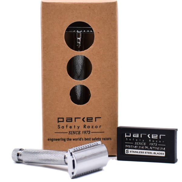 Parker 97R- Maquinilla de Afeitar de Seguridad de Doble Filo con Mango Corto Tradicional y 5 Hojas de Afeitar Parker Premium