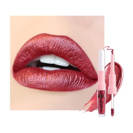 Kaely Labial Y Delineador De Labios 2 En 1 Rojo Oscuro Metálico, Labiales Líquidos Metálicos Brillantes Para Mujer, Brillo Labial Con Glitter, Larga Duración, Resistente Al Agua, A Prueba De Manchas(2