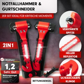 RETTUNGSENGEL 2-in-1 Emergency Hammer with Seat Belt Cutter for Car [Set of 2] | Hardened Tips, Test Winner, Includes Reflector | Emergency Hammer Belt Knife as a Rescue Tool in Emergency for Window