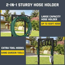 Kesfitt Garden Hose Holder Stand with 4 Spikes & 2 Tool Hooks, Detachable Heavy Duty Metal Freestanding Hose Reel Outdoor Organizer for Lawn Yard Water Storage Rack