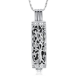 Cylinder Bar Cremation Jewelry Tree of Life Urn Ashes Necklace for Women Men Stainless Steel Vial Cremation Ash Pendant Holder Loved One's Ashes Keepsake Memorial Jewelry, Stainless Steel, No Gemstone