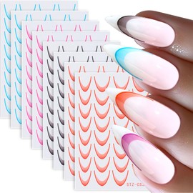French Line Nail Art Stickers Decals Nail Decorations 8 Sheets Exquisite Noble Gold Silver Black Rose Gold U-Shaped Line Nail Designs for Women Girls (Gradient French Tips)