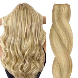 HOTBANANA Sew in Hair Extensions Real Human Hair, 22inch 110g Weft Hair Extensions Light Blonde Highlighted Golden Blonde Sew in Hair Extensions Straight Remy Human Hair Weft Hair Extensions Full Head