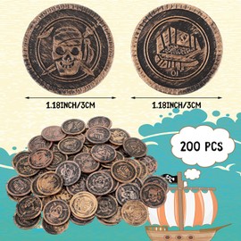 Charniol 200 Pcs Pirate Coins Halloween Bronze Fake Treasure Coins Decorations for Pirate Party Supplies St. Patrick's Day Treasure Hunting Game